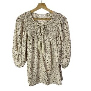 Mittoshop White & Beige Printed Smocked Bust Long Sleeve Blouse S